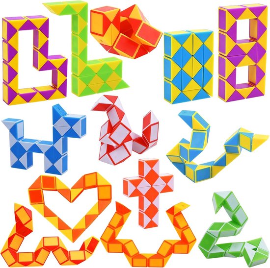 Mozaïek van twaalf gevormde puzzelslangen in verschillende kleuren, waaronder een hart, hond en nummer 2.