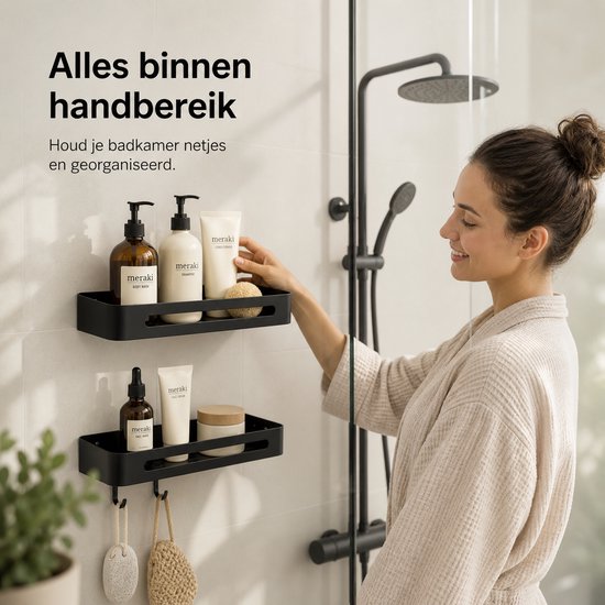 BOTC Support de douche - Support de douche 2 couches sans perçage - Acier inoxydable - Auto-adhésif - Support de douche suspendu - Support de salle de bain - Zwart