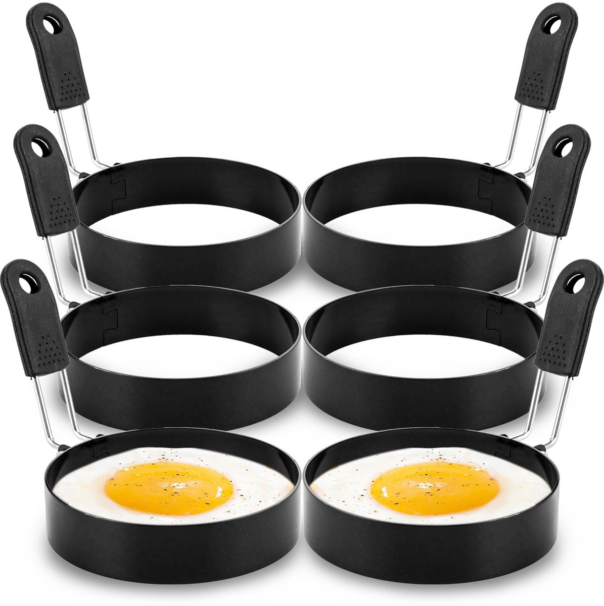 carmdering - Spiegeleierformen - Eivormen - Ontbijt Mal - Hittebestendige Handvatten - Diepe Vorm Voor Ingrediënten - Roestvrij Staal Met Anti-Aanbaklaag - Stabiel Ontwerp - Veilig Op Pannen En Gietijzeren Platen - 6 Stuks