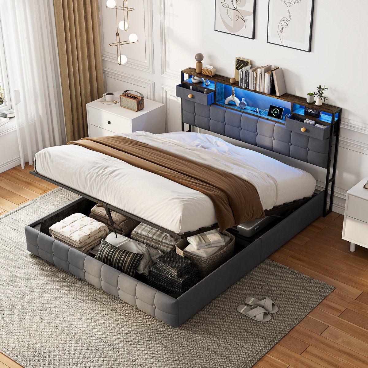 ROSAHQNDA Gestoffeerd bed 160x200cm met oplaadstation en ledverlichting, tweepersoonsbed met opbergruimte in het hoofdeinde en lattenbodem, fluweel, grijs, exclusief matras