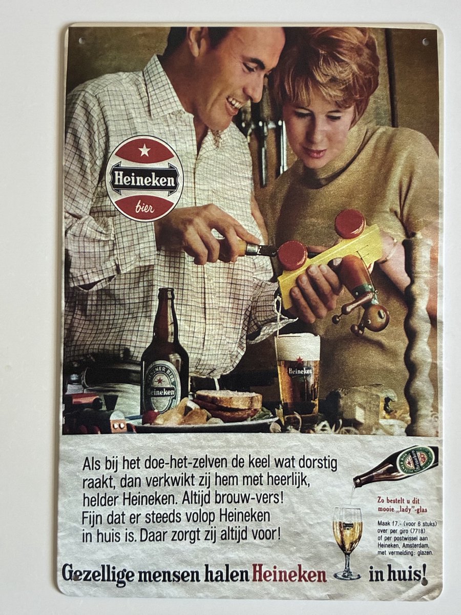 oude Heineken reclame jaren 60 Metalen wandbord 20 x 30 cm - Mancave -Wand Decoratie - Metalen borden - Tekst borden - Metalen bord - Reclame bord - Vintage - Kroeg - Bar – Cafe - Horeca - retro