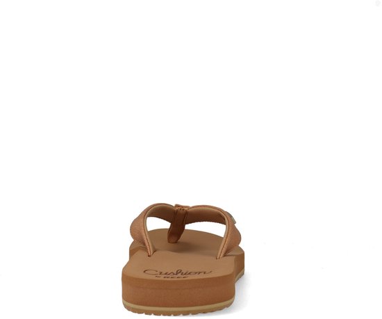 Achterkant van bruine Reef teenslippers met suède bandjes.