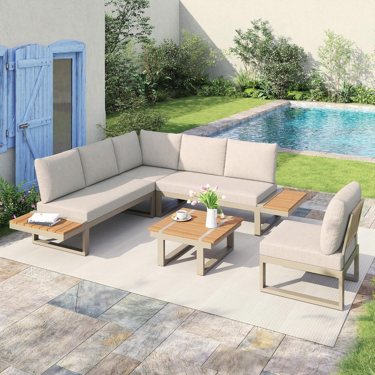 Modulaire Luxe Tuin Loungeset Hoekbank Verstelbare Rugleuning met Salontafel & Bijzettafels 279,5 x 218,5 x 72 cm Beige