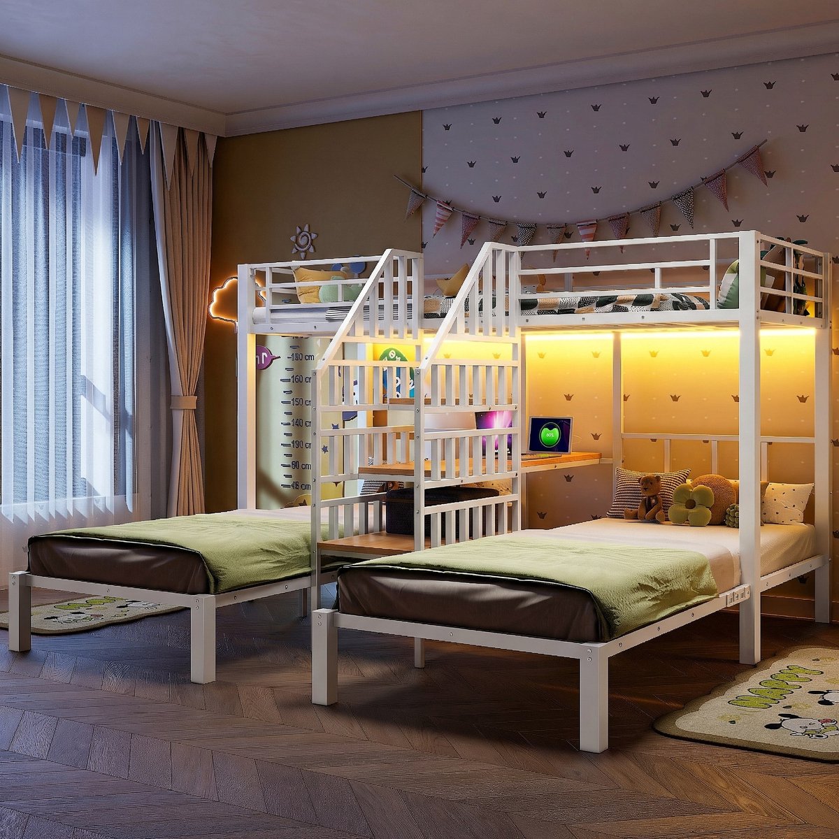VVBV Stapelbed 90x200 cm, 3 Bedden met LED-verlichting, Bureau, Opbergtrap, USB & Stopcontact, Kinderbed zonder Matras, Wit