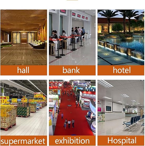 Collage van foto's die de toepassingen van de afzetband tonen: hal, bank, hotel, supermarkt, beurs, ziekenhuis.