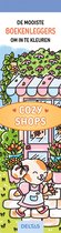 Kleurboekleggers met de tekst 'De mooiste boekenleggers om in te kleuren' en 'Cozy Shops'. Een hondje draagt een schort en heeft bloemen.