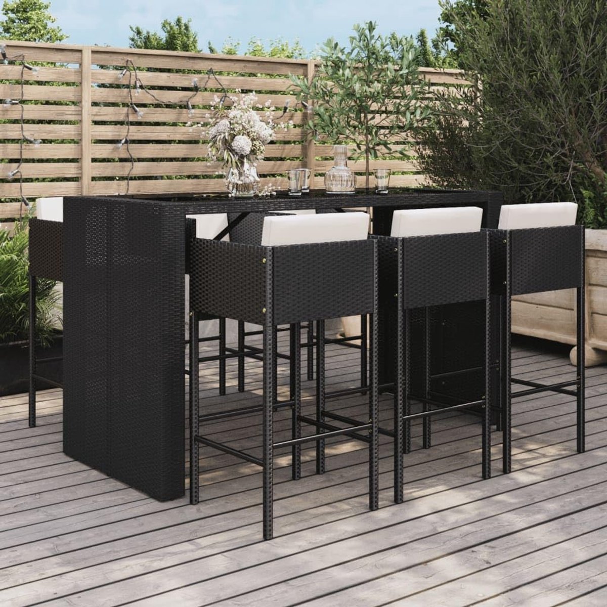 Tuinbarset 7-delig met Bartafel en 6 Barkrukken 185x80x110 cm – Luxe Poly Rattan Barset met Kussens en Glazen Tafelblad – Weerbestendig Outdoor Tuinmeubel – Zwart – HomebyNicole