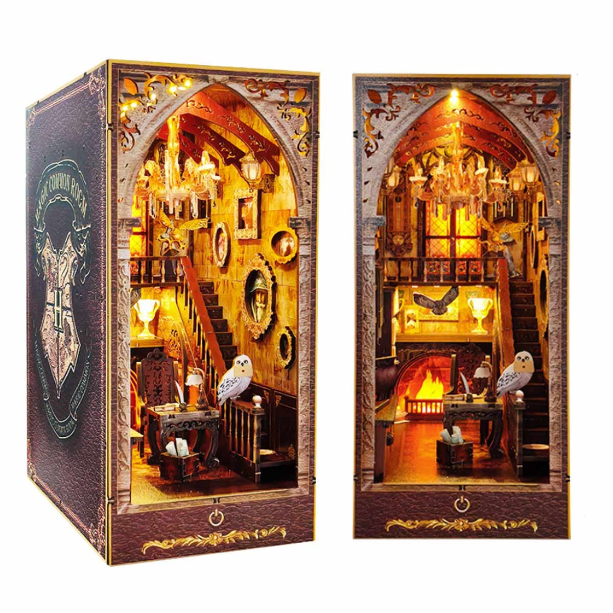 Meedeer DIY Book Nook Kit-Premium 3D Houten puzzel boekensteunen-Hog New Page College-Het toverhuis-Booknook modelbouwset met led-licht-Houten modellen om te bouwen voor volwassenen