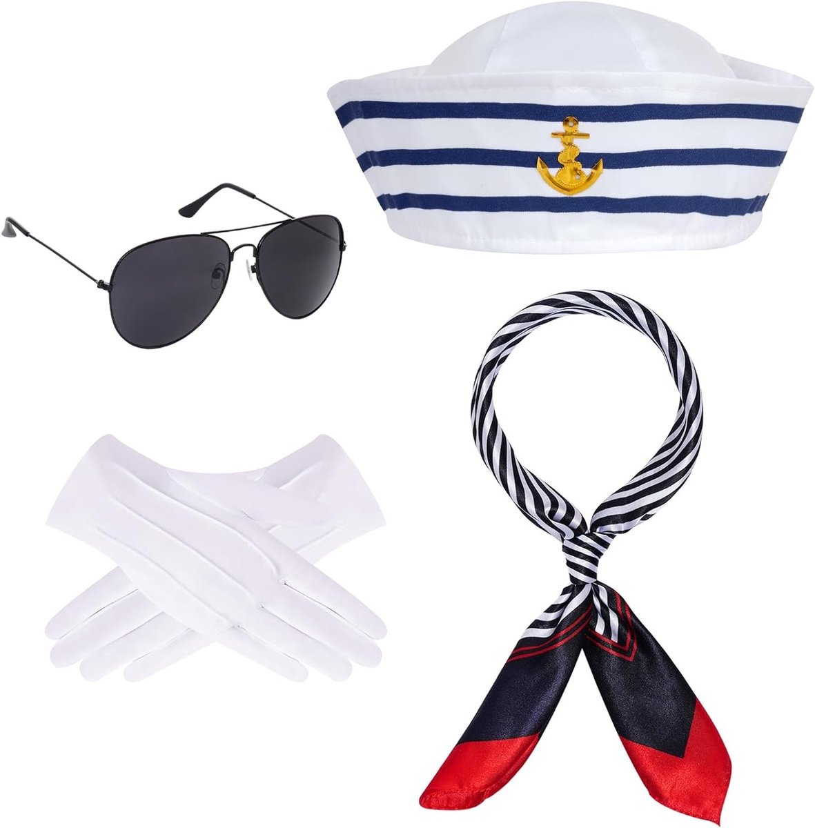 Zeevaartkostuum Set met Blauwe en Witte Strepen, Verstelbare Matrozenhoed, Sjaal, Witte Handschoenen en Zonnebril voor Feestjes, Cosplay en Carnaval