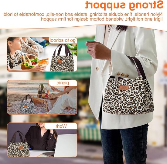 Pack of 2 Lunch Boxes - Square Lunch Bag voor Vrouwen - 5.28L Grote Capaciteit - Ontbijt Tas - Draagbaar en Vouwbaar - Waterdichte Leopard Zip van Merkloos — afbeelding 2