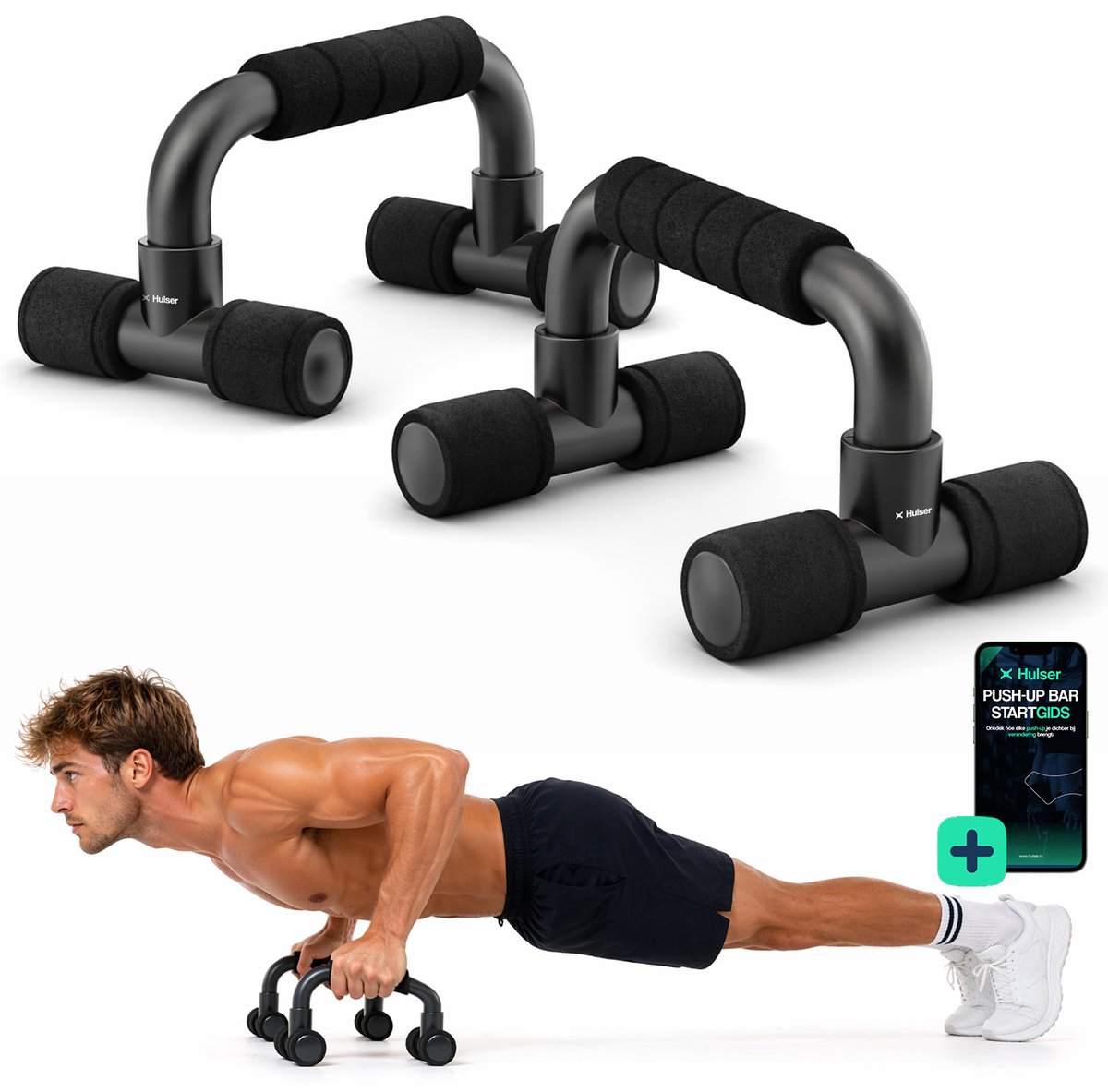 Hulser Opdruksteunen - Push-up bar - Met startgids - Zwart - Grips - Steun - Parallettes bars - Opdrukken - Calisthenics