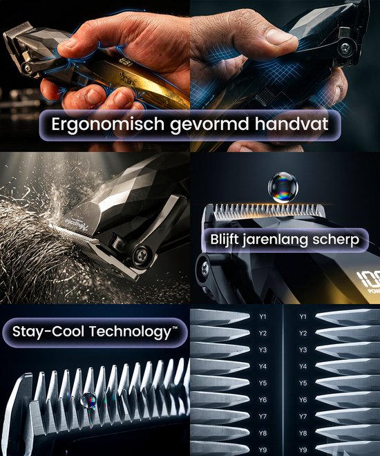 Zwarte en gouden tondeuse met ergonomisch handvat. Toont de scherpe messen en 'Stay-Cool Technology'.