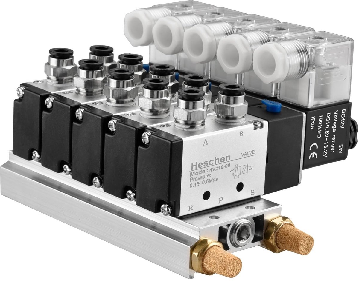 VT Goods - Solenoid Ventiel - Pneumatisch - 5 Weg 2 Positie - PT1/4'' - DC12V - Voor Compressie - Snelkoppeling - 1350 Gram