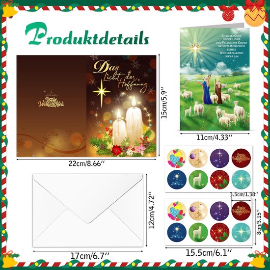 Overzicht met afmetingen van gevouwen kerstkaarten, bijpassende enveloppen en ronde stickers met kerstthema.