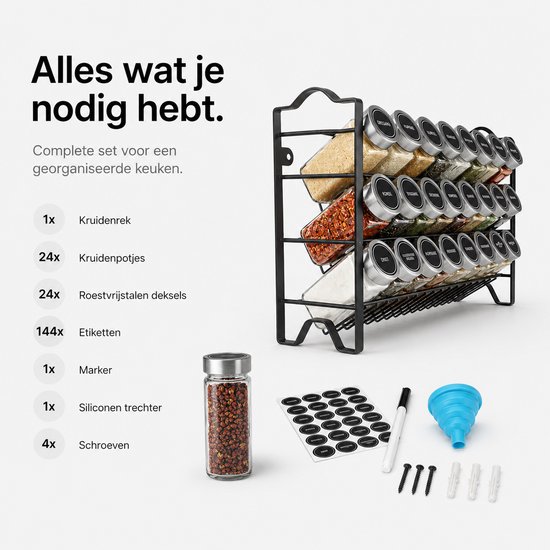 Un ensemble complet d'étagère à épices comprenant 24 bocaux, des couvercles en acier inoxydable, des étiquettes, un marqueur, un entonnoir et des vis.