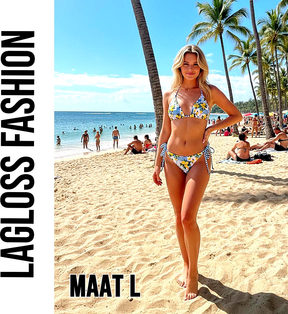 LaGloss® 2-delig Dames Bikini Set Met Fruitprint Blauw Wit – Driehoek top – Strikbandjes – Zomermode – Beach Fashion – Maat L
