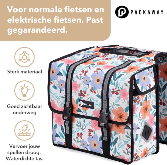 Packaway Dubbele Fietstassen - Waterdichte Fietstassen Elektrische Fiets - 36 Liter Pastel Blossom — afbeelding 5