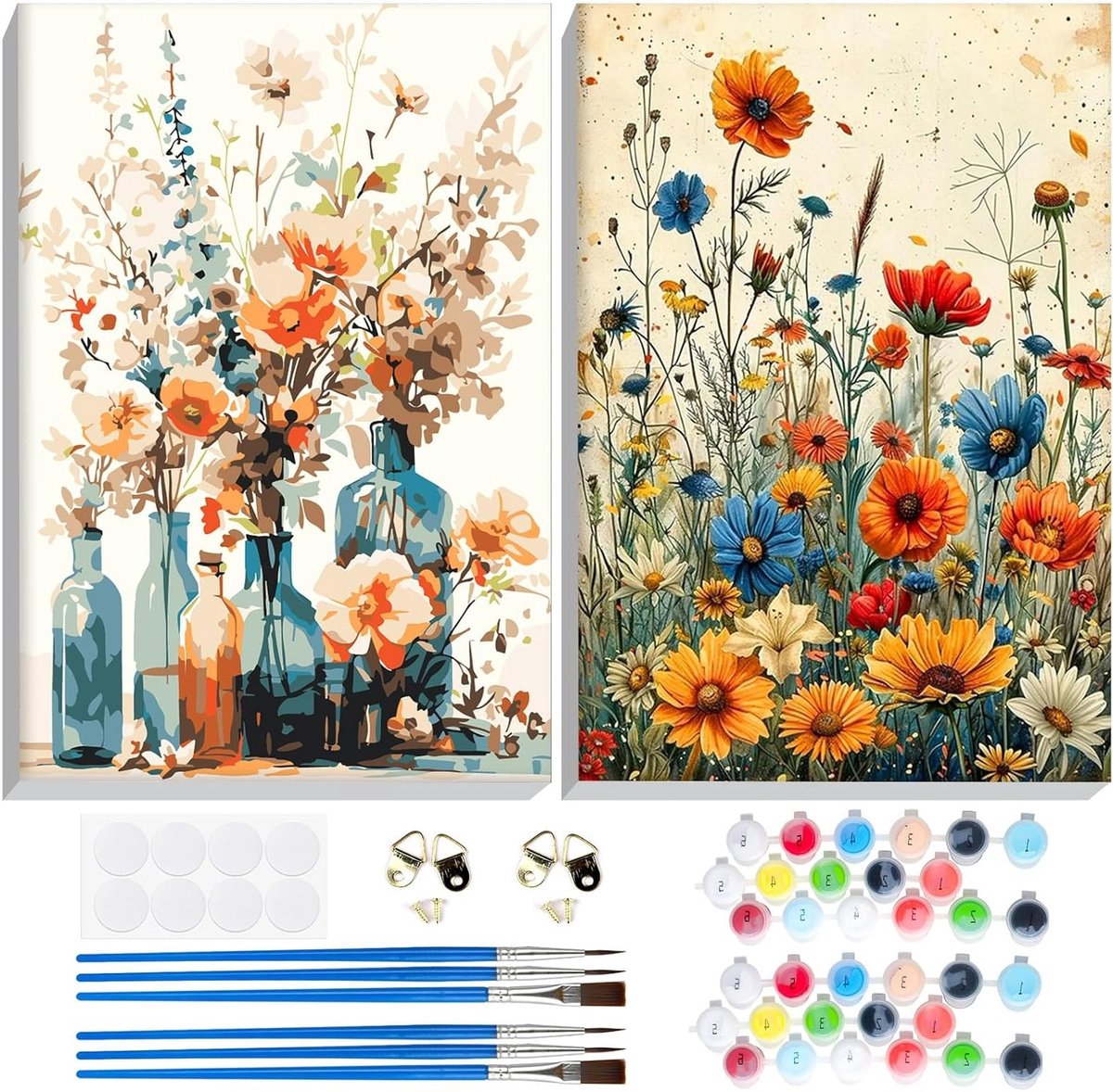 2 Pcs Schilderen op Nummer met Bloemen voor Volwassenen en Beginners, Canvas DIY Acryl Schilderset met Lijst, Creatieve Kunst en Ambachten Geschenk