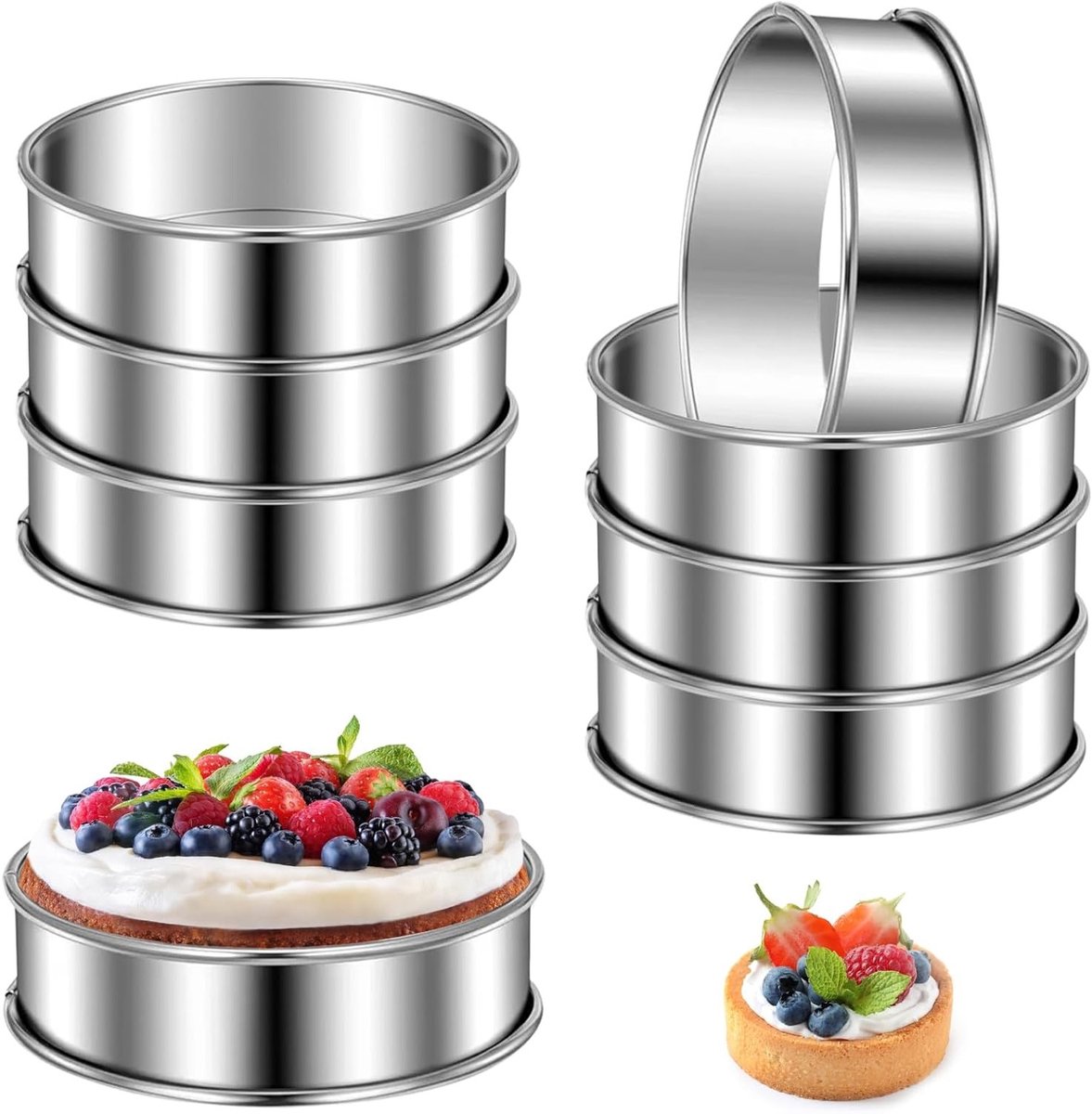 8 Stuks Ronde Bakvormen 8 x 2.5 cm RVS Muffinringen voor Taarten, Pannenkoeken en Gebak