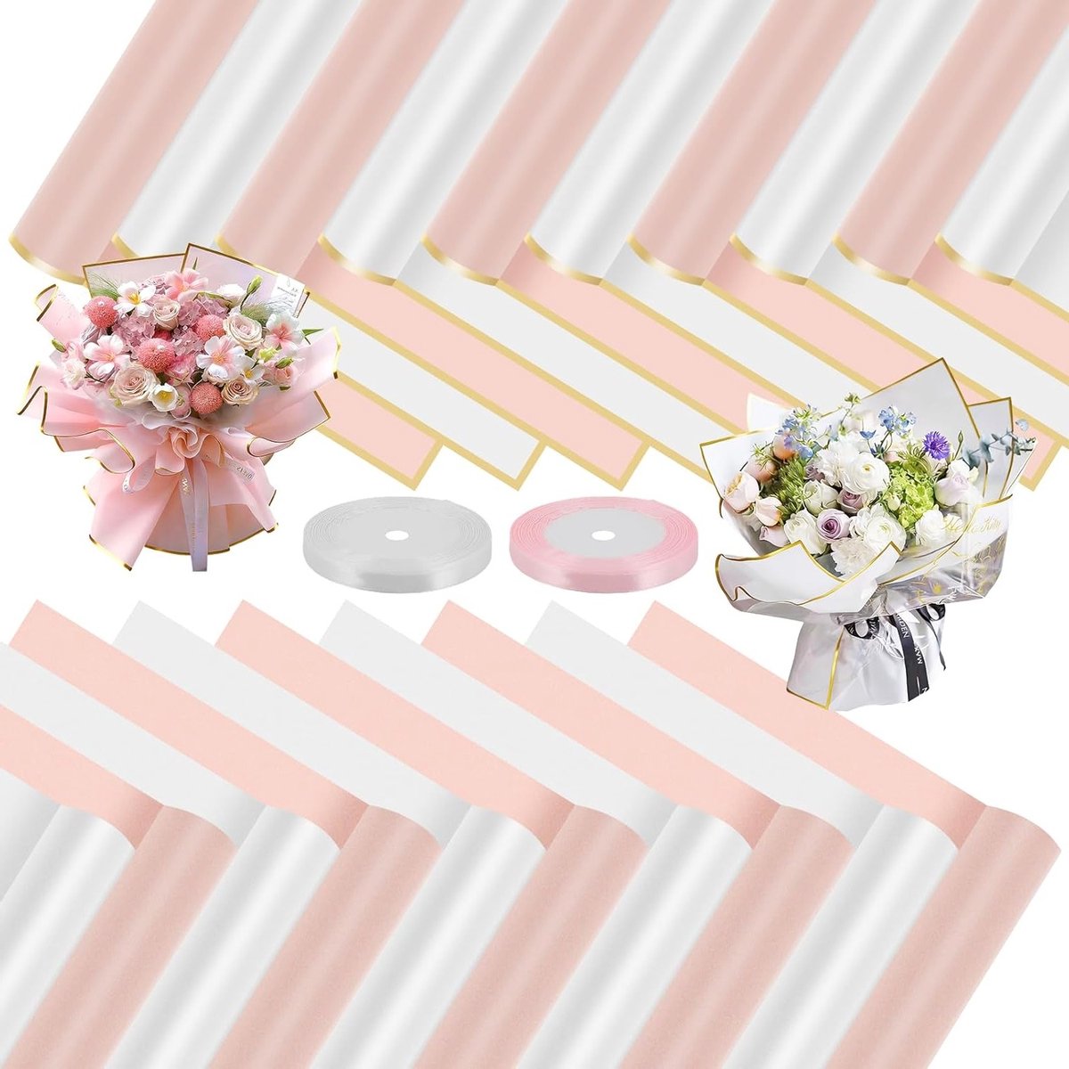 20 Vellen Cadeaupapier met Witte en Roze Bloemen - Waterdicht Inpakpapier voor Verjaardagen, Moederdag en Bruiloften (56 x 56 cm)
