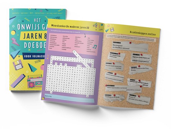 Het Onwijs Gaaf Jaren 80 DoeBoek met iconische jaren 80 beelden zoals een discman, cassettebandje en diskette.