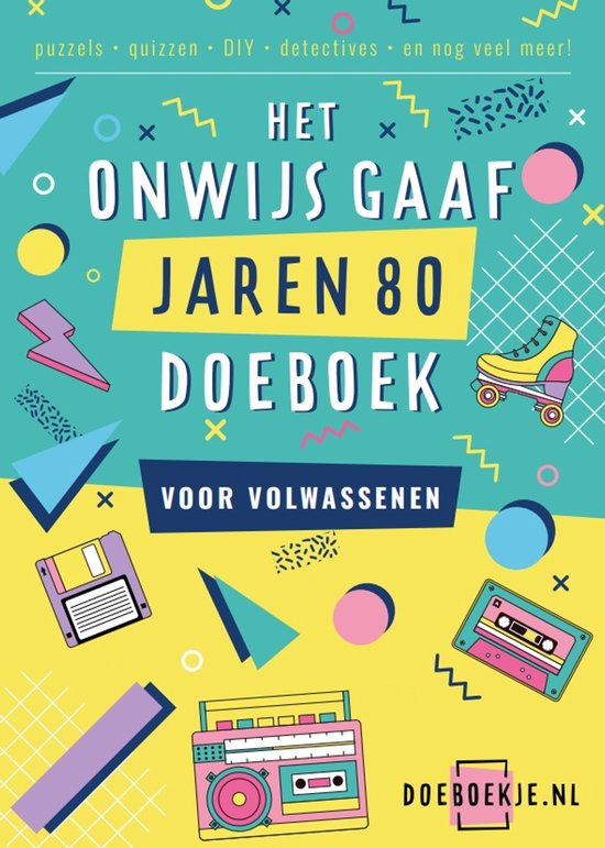 Het Onwijs Gaaf Jaren 80 DoeBoek met een retro design, platte pictogrammen en de tekst "Voor volwassenen".