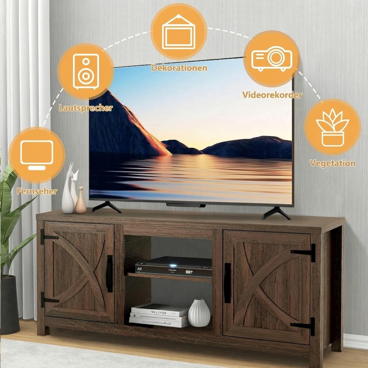 TV Meubel 147,3 cm Breed – Geschikt voor TV’s tot 65 Inch – Met Opbergruimte & Kasten – Modern Design Houtlook Bruin – Stevig TV Dressoir / Mediaconsole – HomebyNicole