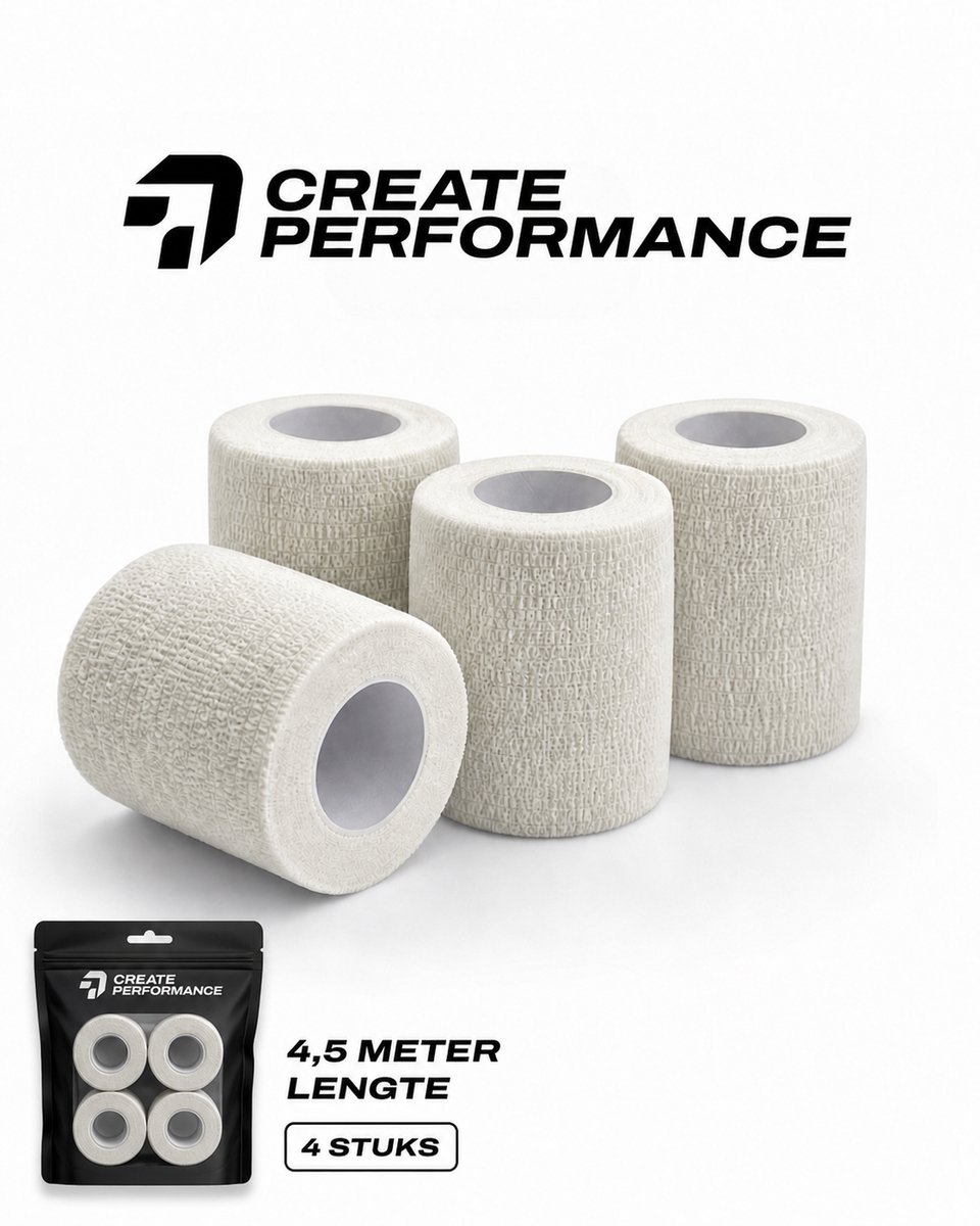 CREATE PERFORMANCE Voetbal Sokken Tape - Underwrap - Sokwrap - Cohesive Bandage - Sporttape - 4 stuks - 5cm x 4,5m - Wit - Inclusief Tape Tasje