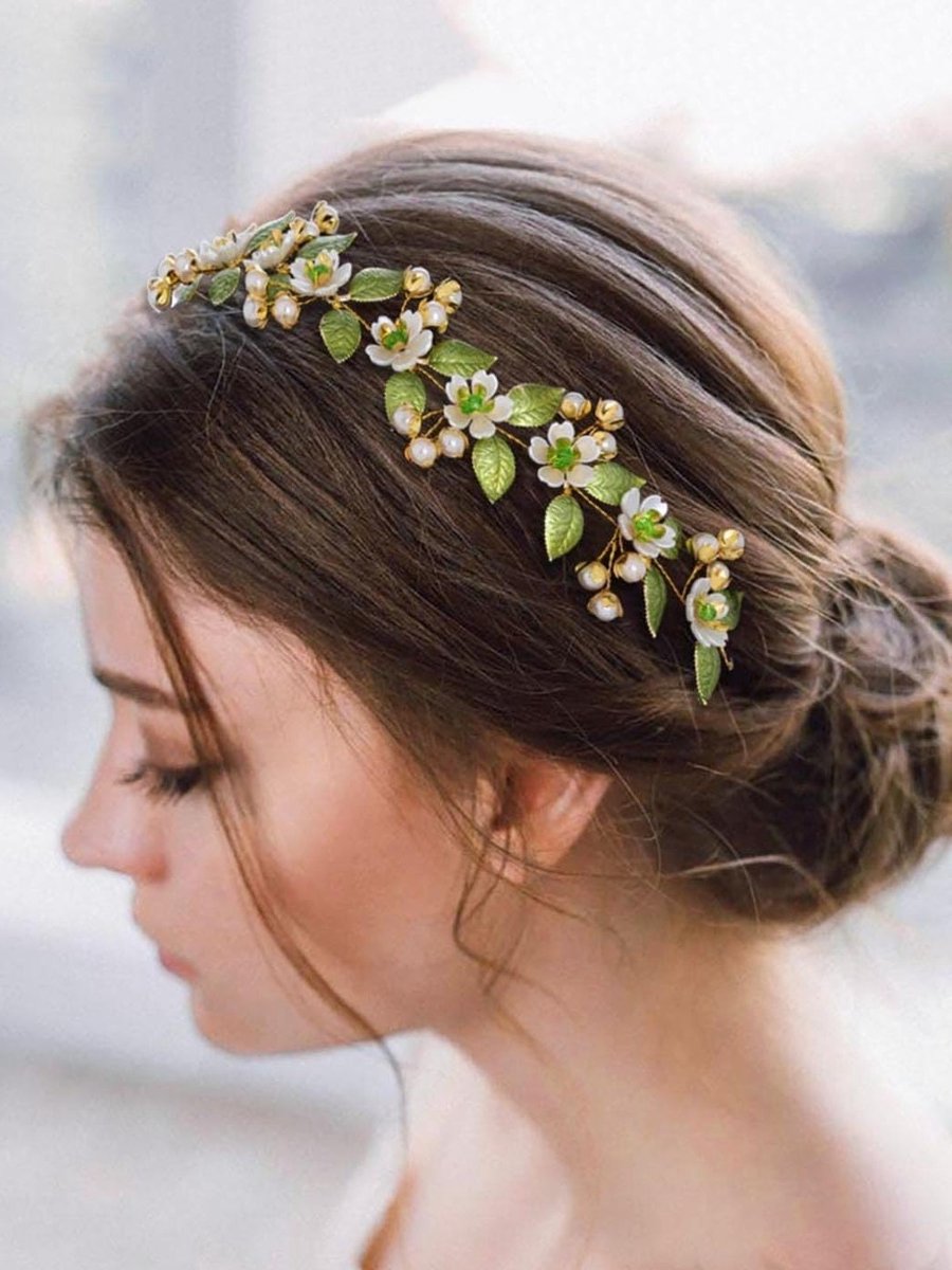 Bruidshaaraccessoire Groene Bloem Parel Haarband Slinger Bruiloft Feestelijk