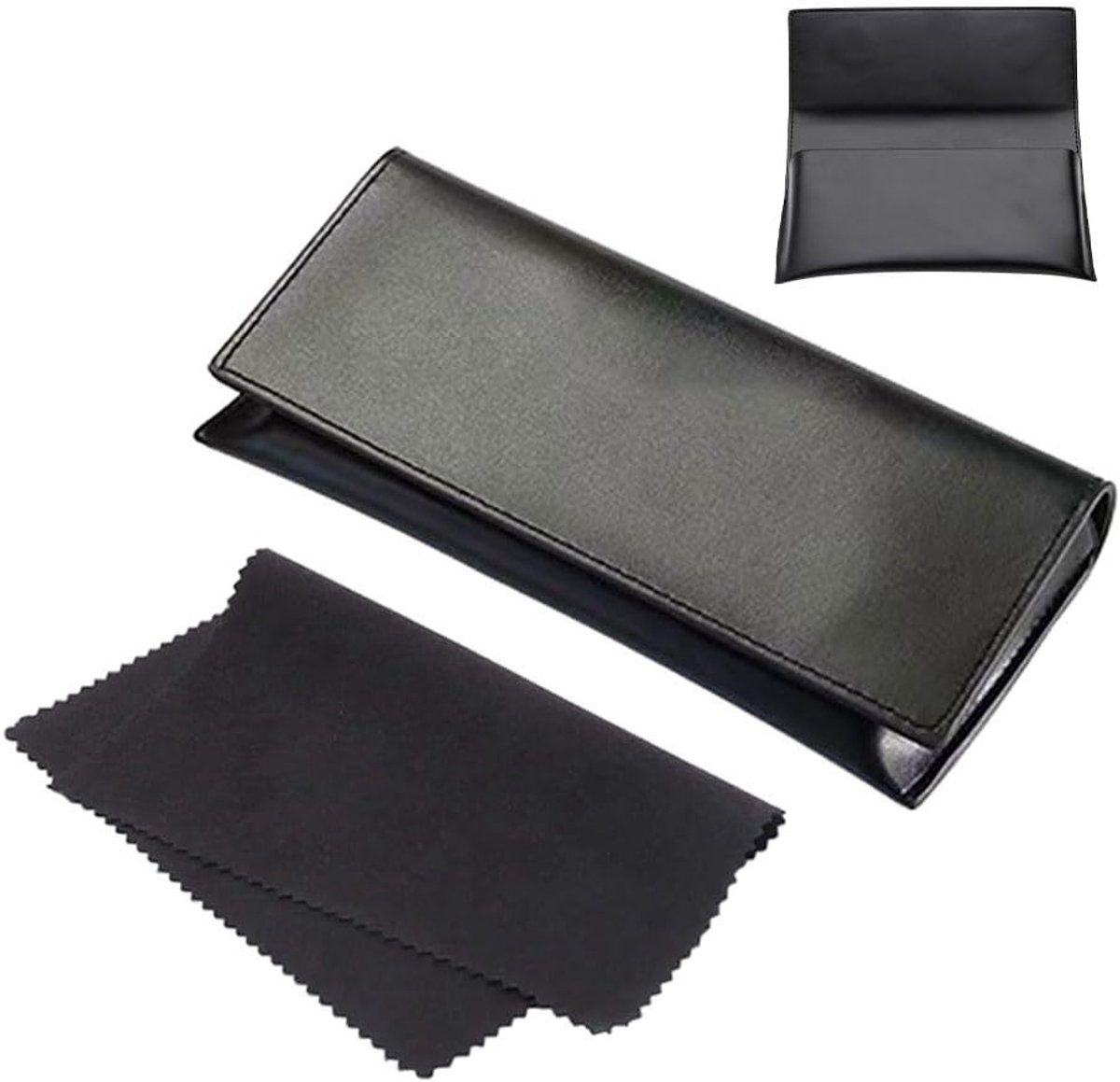 Stijlvolle PU leren brillenkoker voor heren en dames met microfiber doek, optimale bescherming en opbergruimte voor brillen, zwart, één maat
