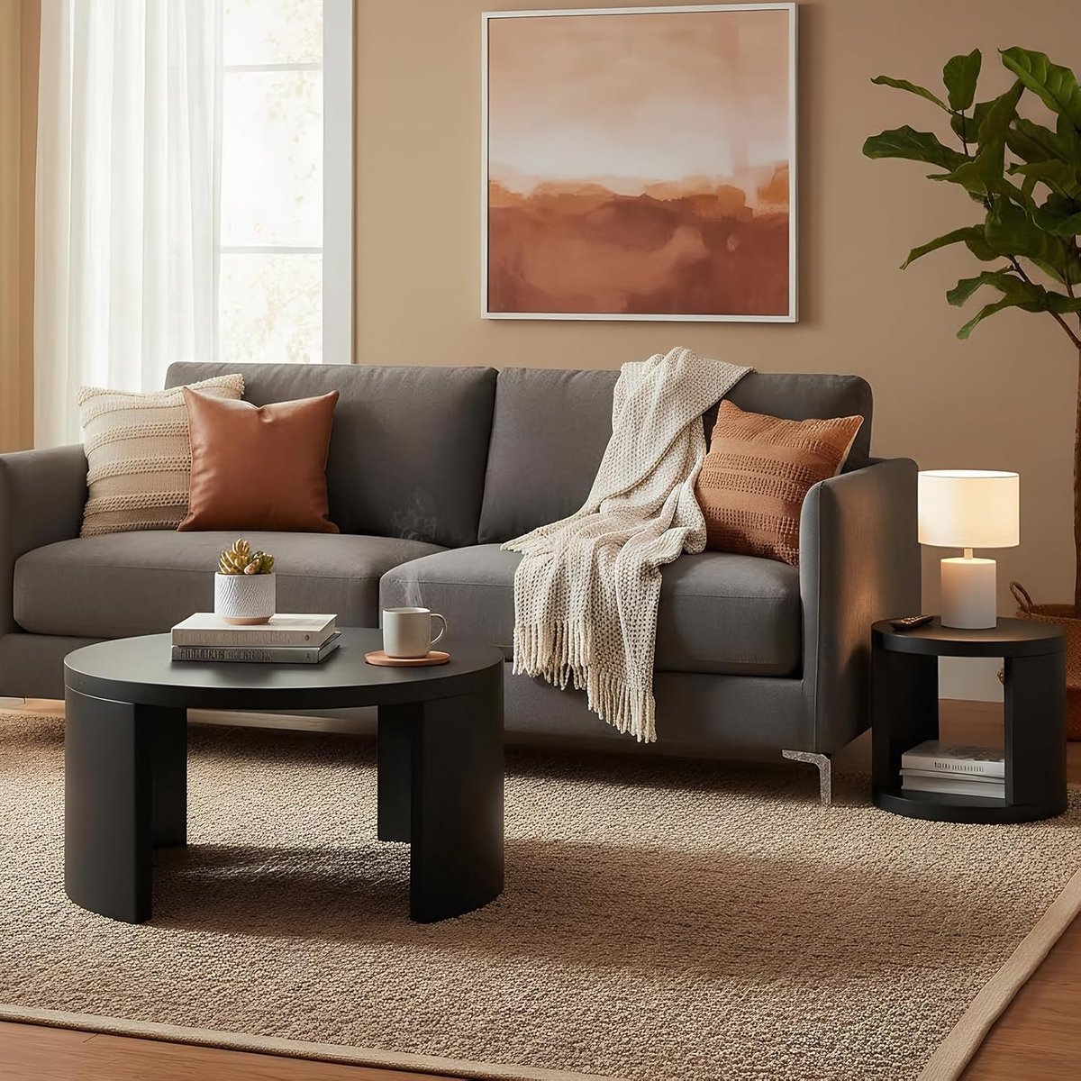 Ronde Salontafel Set 2-delig Ø80/46 cm – Nesting Bijzettafels Modern Houtlook – Ruimtebesparend & Stabiel – Woonkamer Tafel Set met Opbergruimte – Zwart – Faisal