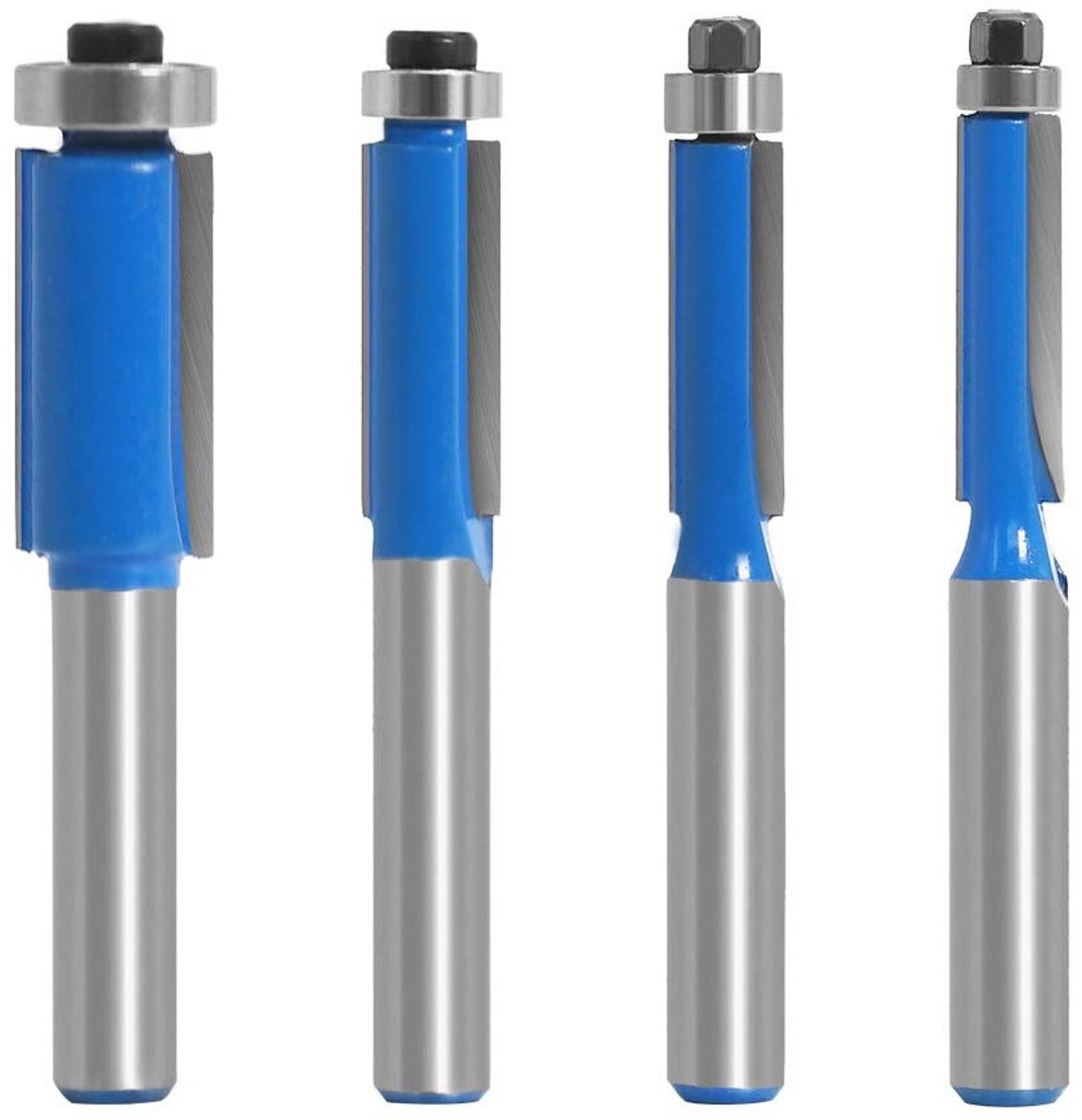 Set van 4 Flush Trim Freesbits met 8mm Shank voor Houtbewerking - 1/4", 5/16", 3/8" en 1/2" Snijdiafrond voor Nauwkeurige Afwerking