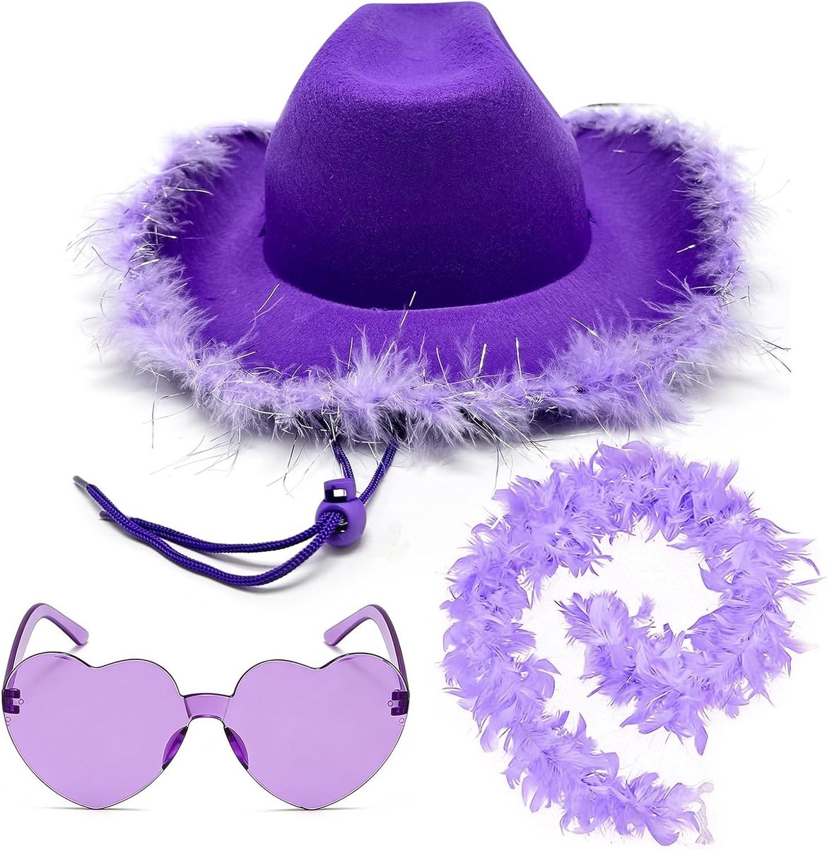 Brede Hoed voor Cowgirls met Hartvormige Zonnebril en Boa - Cowboy Kostuum Accessoires voor Volwassenen en Feestjes