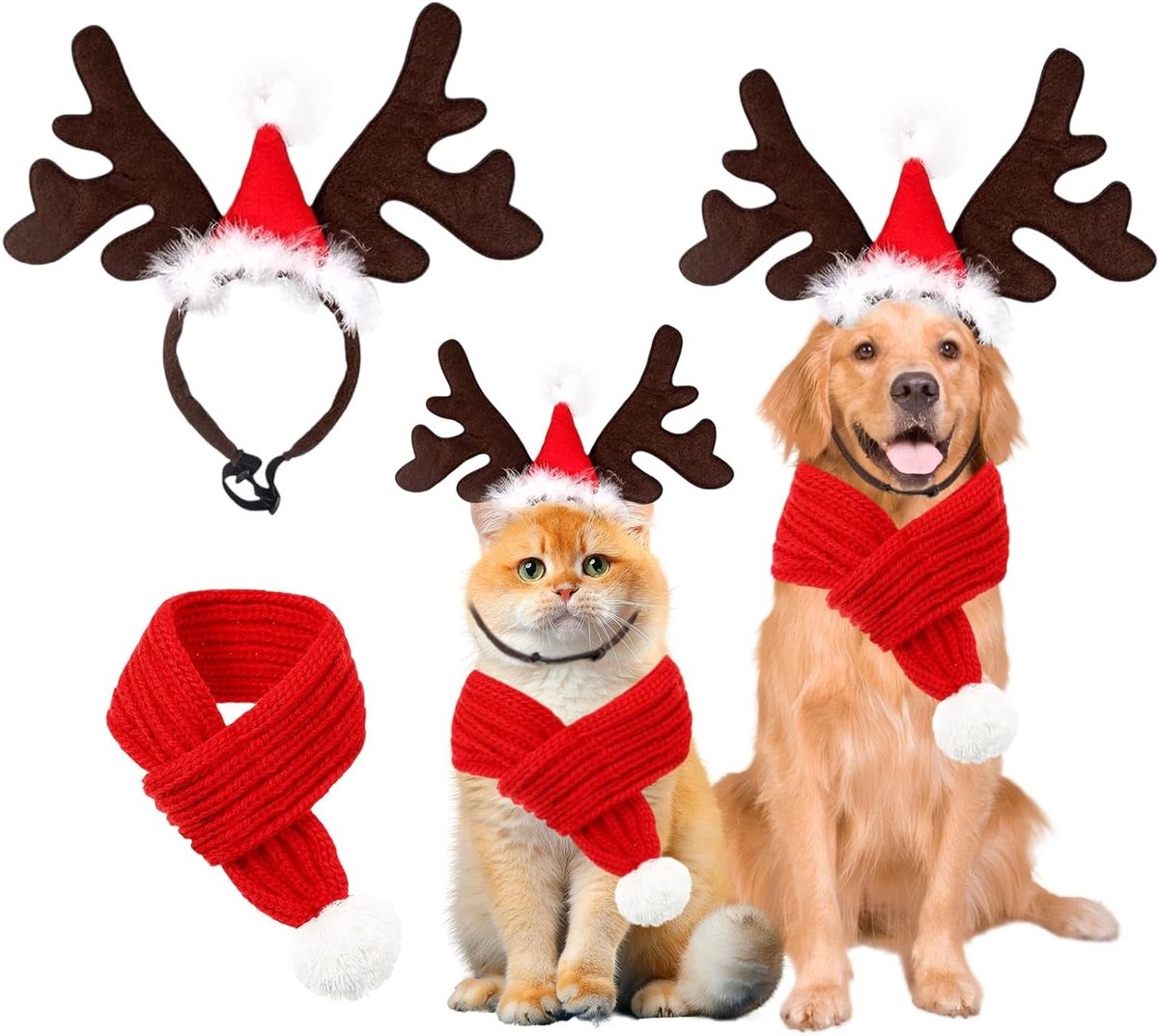 Kerst Pet Hoofdband met Rendier Antlers en Santa Hoed, Schattige Hond Kostuum voor Feestdagen en Kerstmis (L)