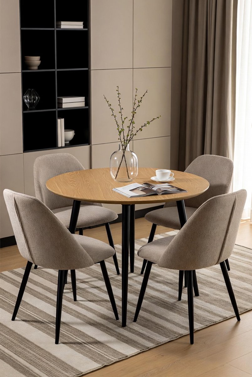 Moderne 5-Delige Ronde Eettafelset 80cm met 4 Stoelen – Ruimtebesparende Keuken- & Eetkamerset in Houtlook Marmerdesign – Ganeey