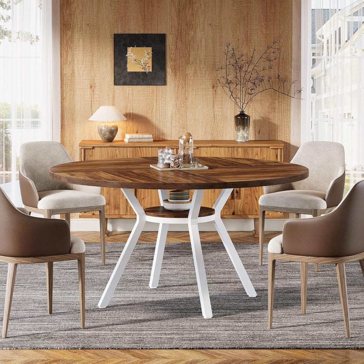 Ronde Eettafel 120 cm – Industriële Keukentafel Bruin voor 4-6 Personen met Metalen Frame en Opbergvak – Moderne Eetkamertafel – Dader