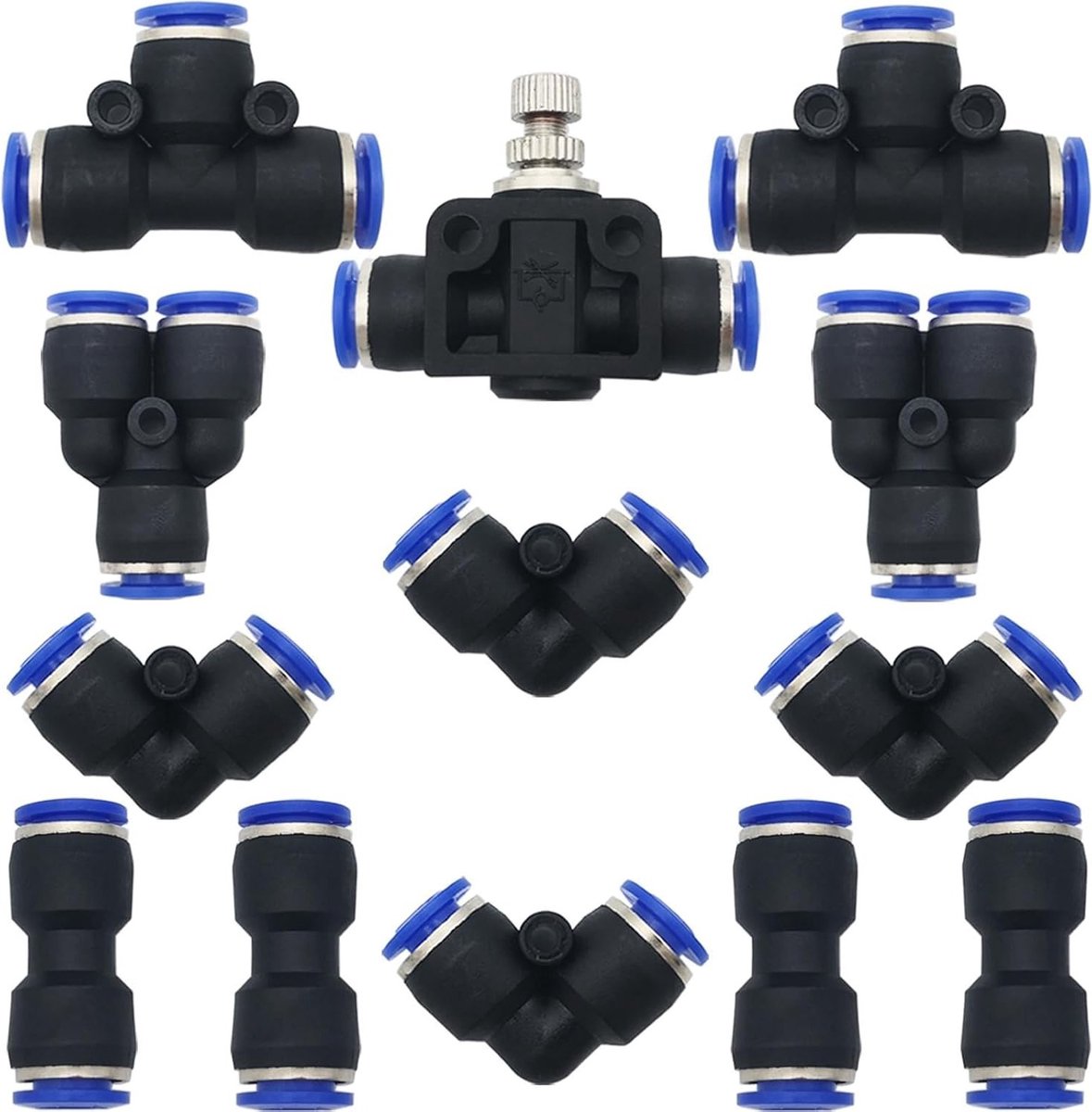 Allecto Plus - Snelkoppeling Air Push Kit voor 10 mm buis - 13-delige set met Y, T, L, I en combinatieslangklep