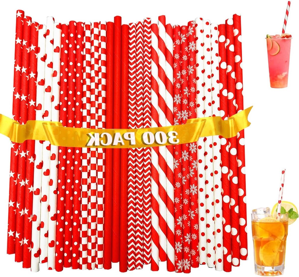 300 stuks Kleurrijke Papieren Drinkrietjes - Biologisch afbreekbaar voor cocktails, koude dranken en sappen - Rood - 19,7 cm