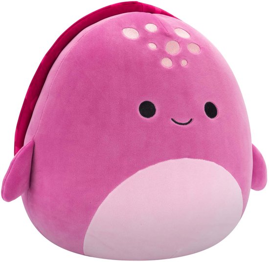 Roze zeeschildpad knuffel met lichtroze buik en stippen op de kop.