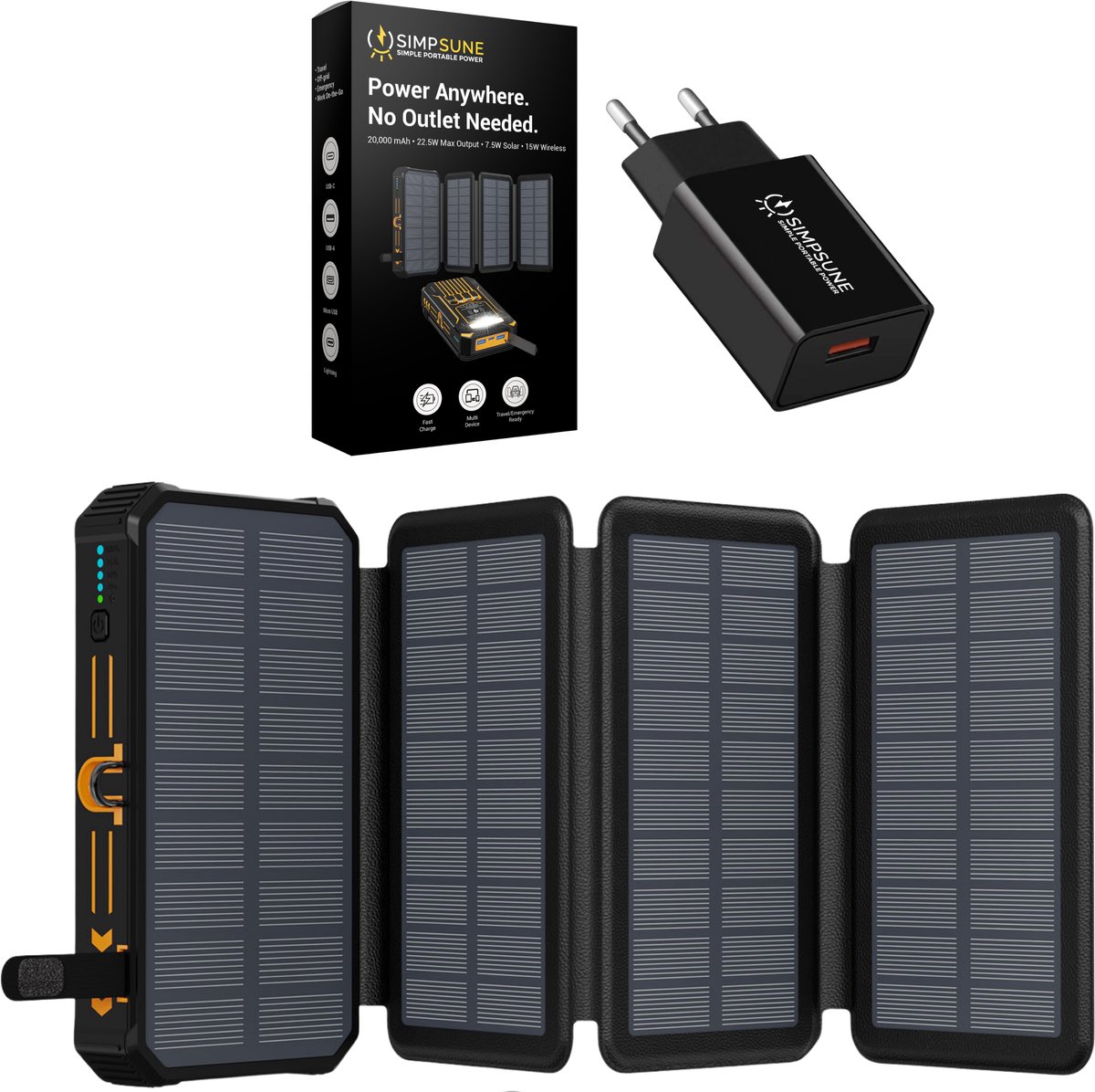 SimpSune – Solar Powerbank Opvouwbaar – 20.000mAh – 4 Zonnepanelen – 15W Draadloos – 22,5W Snellader – 4 Outputs – 18W Adapter Inbegrepen – IP66 – Zaklamp & SOS – Noodpakket Outdoor