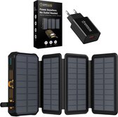SimpSune – Solar Powerbank Opvouwbaar – 20.000mAh – 4 Zonnepanelen – 15W Draadloos – 22,5W Snellader – 4 Outputs – 18W Adapter Inbegrepen – IP66 – Zaklamp & SOS – Noodpakket Outdoor