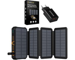 SimpSune – Solar Powerbank Opvouwbaar – 20.000mAh – 4 Zonnepanelen – 15W Draadloos – 22,5W Snellader – 4 Outputs – 18W Adapter Inbegrepen – IP66 – Zaklamp & SOS – Noodpakket Outdoor