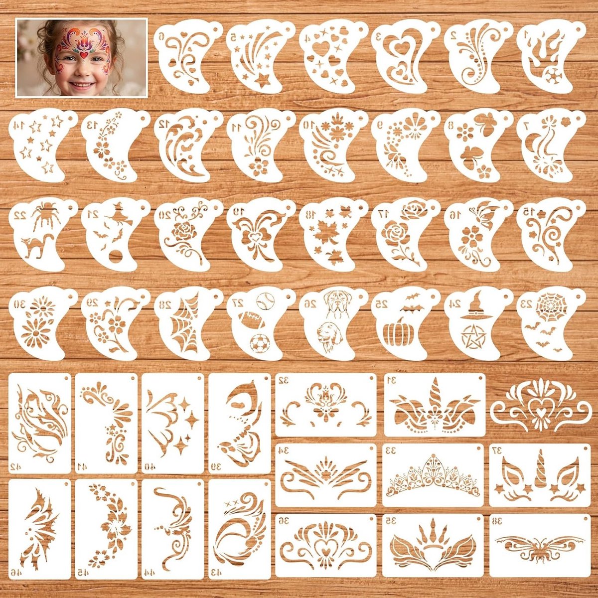 Geef je creativiteit de vrije loop met 46 herbruikbare gezichtsbeschilderingssjablonen voor kinderen, ideaal voor feestjes, carnaval en Halloween