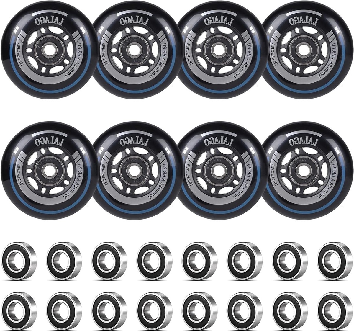 Set van 8 Inline Skate Wielen 76 mm 88A met ABEC 9 Lagers voor Binnen- en Buitengebruik, Geschikt voor K2, Hudora en Meer