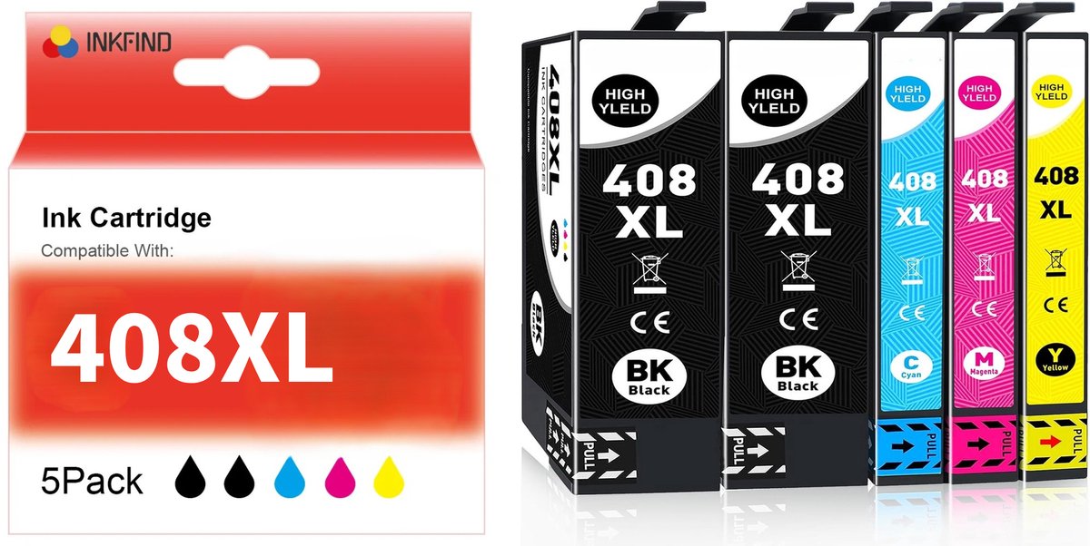 INKFIND 408XL (T09K1/T09K1/T09K2/T09K3/T09K4) inktcartridge 5 Pack (Zwart*2+Cyaan+Magenta+Geel) compatibel met Epson 408L (T09K1/T09K1/T09K2/T09K3/T09K4) voor Epson WorkForce Pro WF-C4310DW Epson WorkForce Pro WF-C4810DTWF -5-pack BK*2/C/M/Y