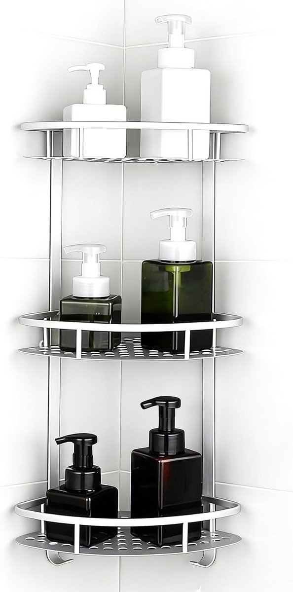 Hoekdouche Caddy met 3 Niveaus, Roestvrijstalen Wandplank voor Badkameropslag en Doucheorganizer, Ideaal voor Shampoo en Zeep
