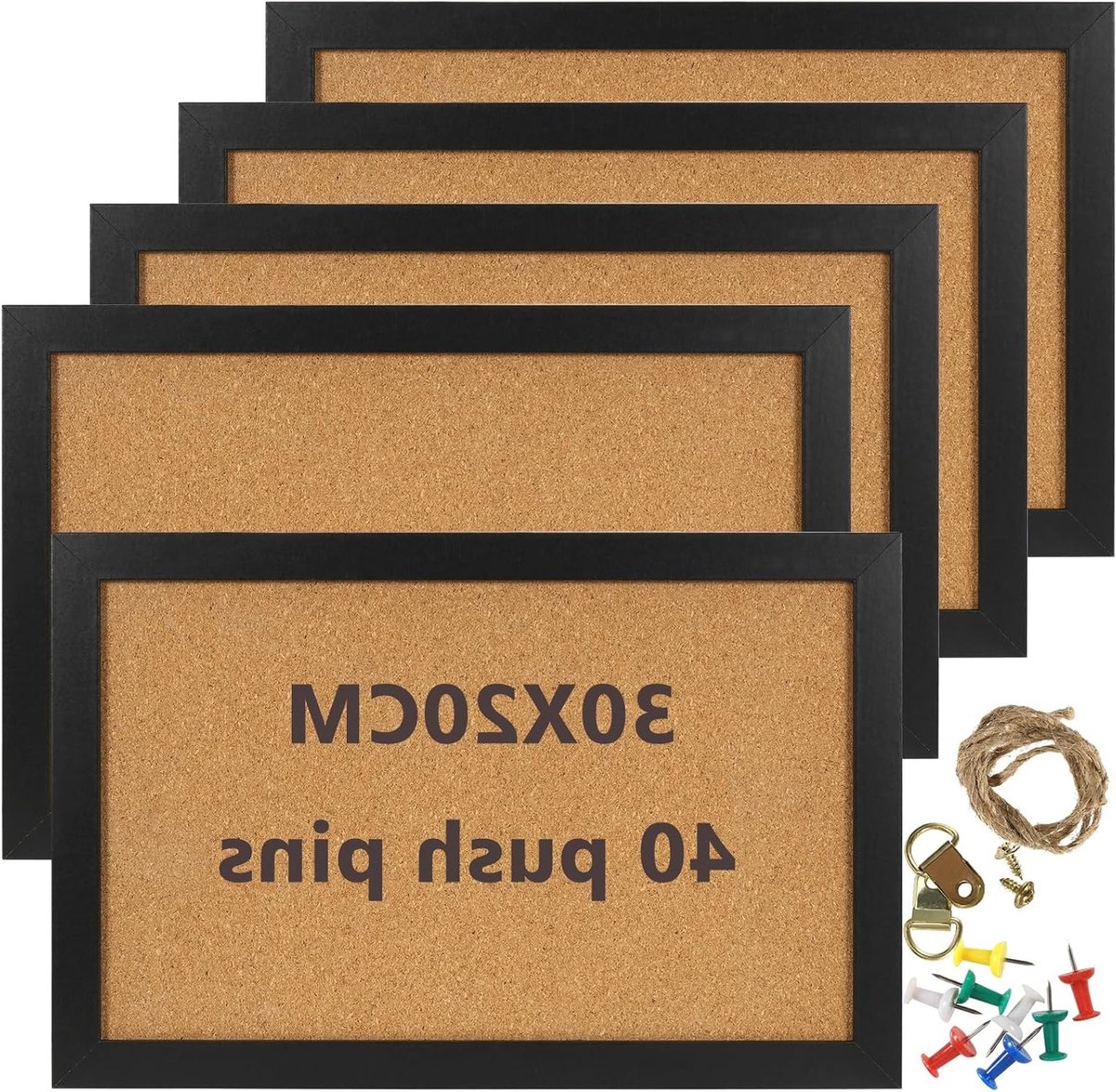 5 Pack 20x30cm Korkbord met Zwarte Lijst, Dikke Decoratieve Prikbord voor Thuis, Kantoor en School met 40 Duimspijkers