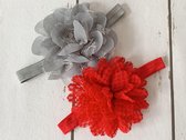 MixG  | 2 Haarbandjes - bloemen | Rood en Grijs