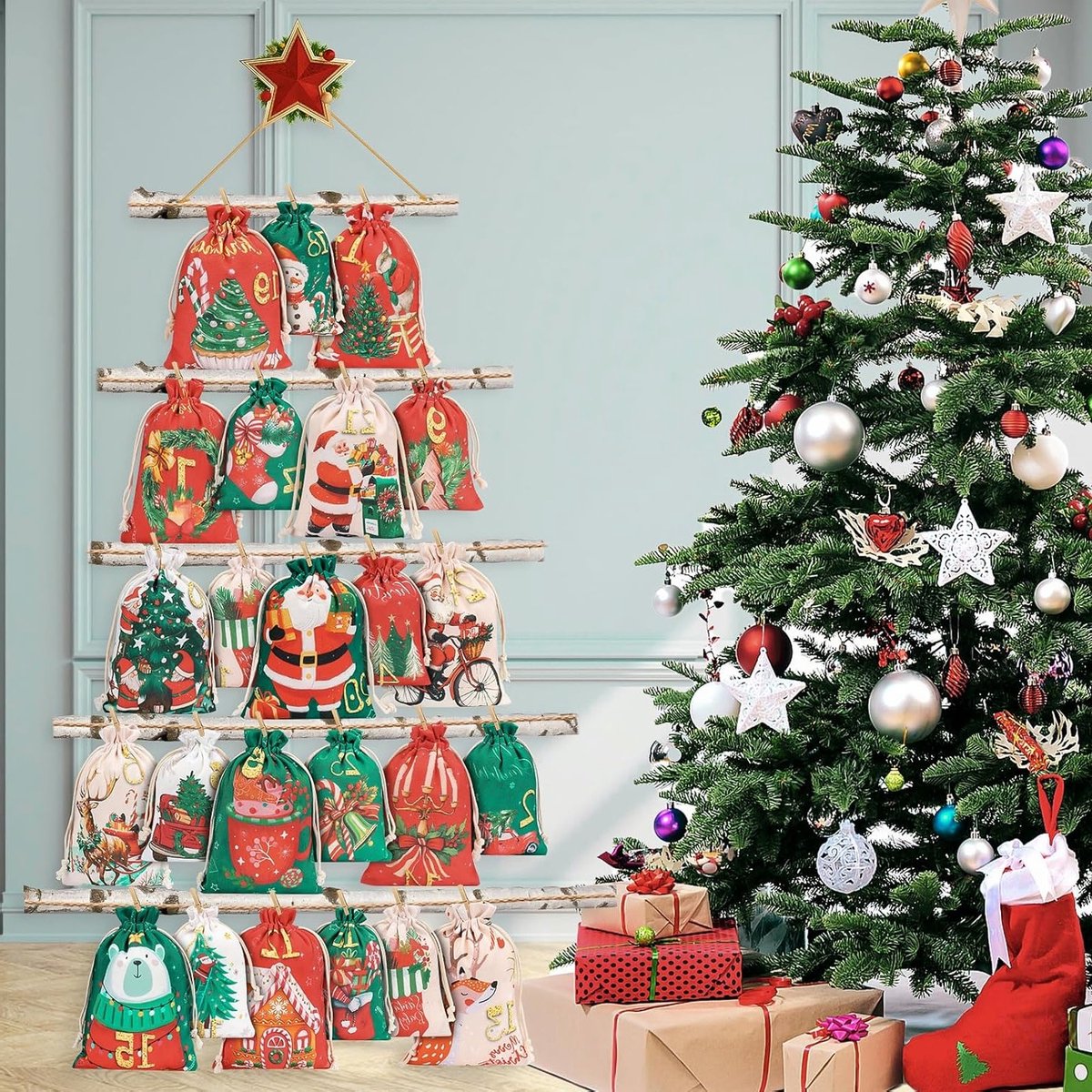 Vul je eigen Adventskalender 2025 - 24 Stuks Stoffen Zakjes voor Kerst, Inclusief Houten Klemmen en Touw voor Snoep, Chocolade en Kleine Cadeaus – foto 2