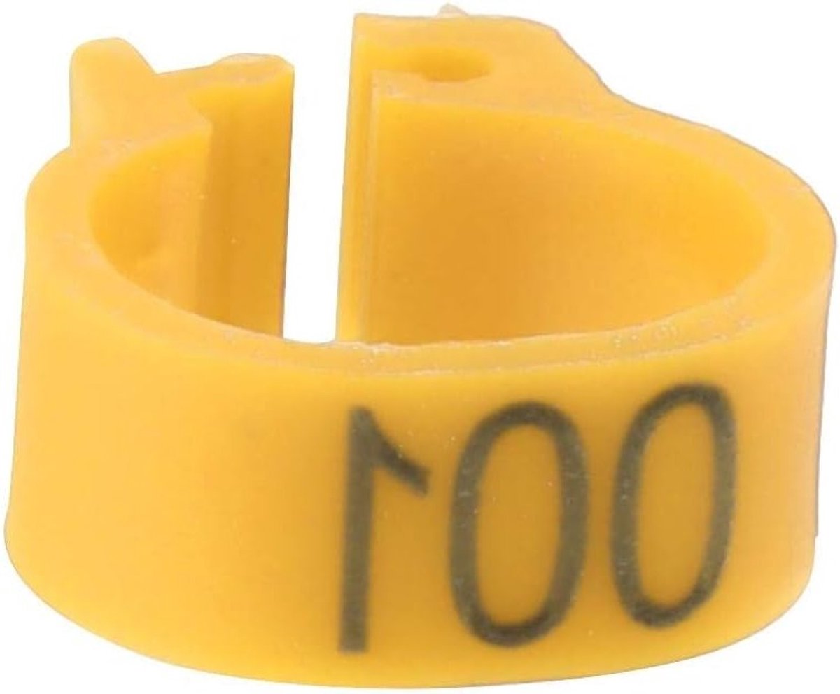 100 Stuks Genummerde Plastic Vogelbandjes 8mm voor Duiven en Vogels - Gele Legringen met Clips